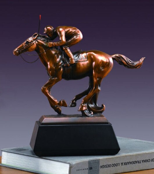 Jockey on Race Horse Sculpture with riding Crop in Hand Statue